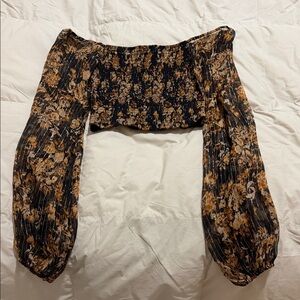 Caroline Constas Black and Brown Floral Smocked Off-Shoulder Crop Top